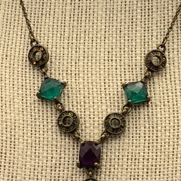 Bronze Multicolor Y-drop Necklace Turquoise Maroon Peach Rhinestone - Picture 3 of 5